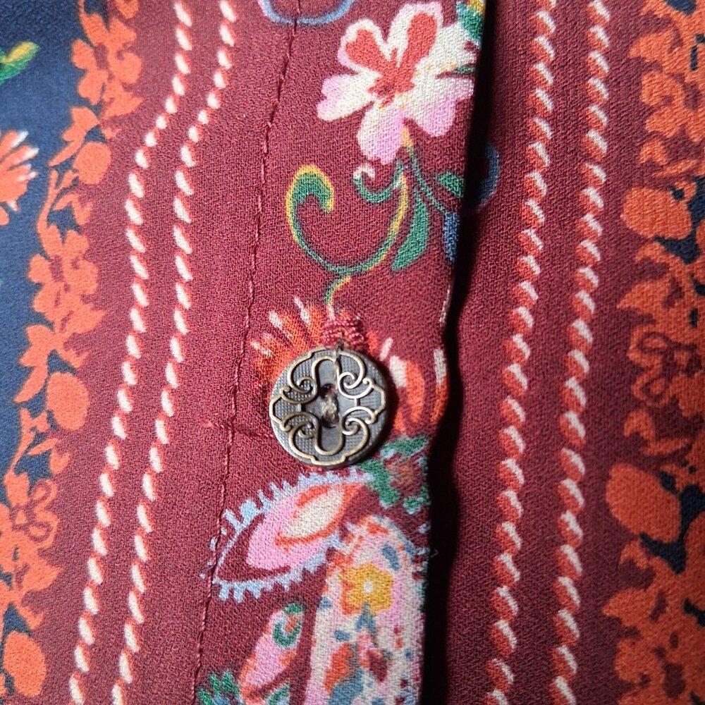Dressbarn Blouse XL Maroon Blue Paisley Floral Tapestry Semi Sheer Long Sleeve - Picture 9 of 16